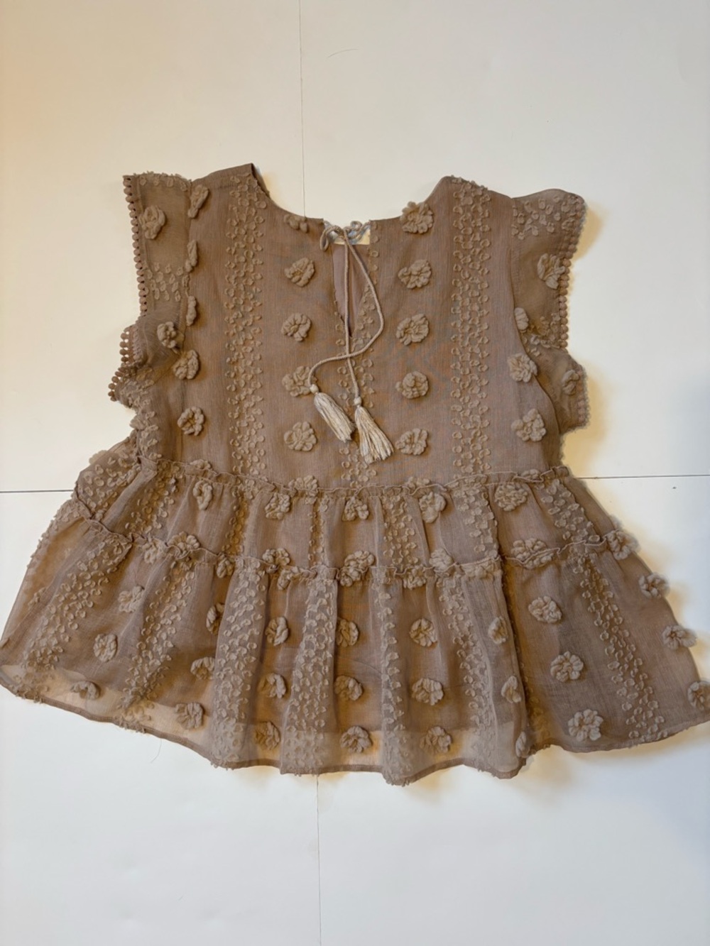 THML Taupe Pom-Pom Ruffle Flutter Top - Picture 2 of 6